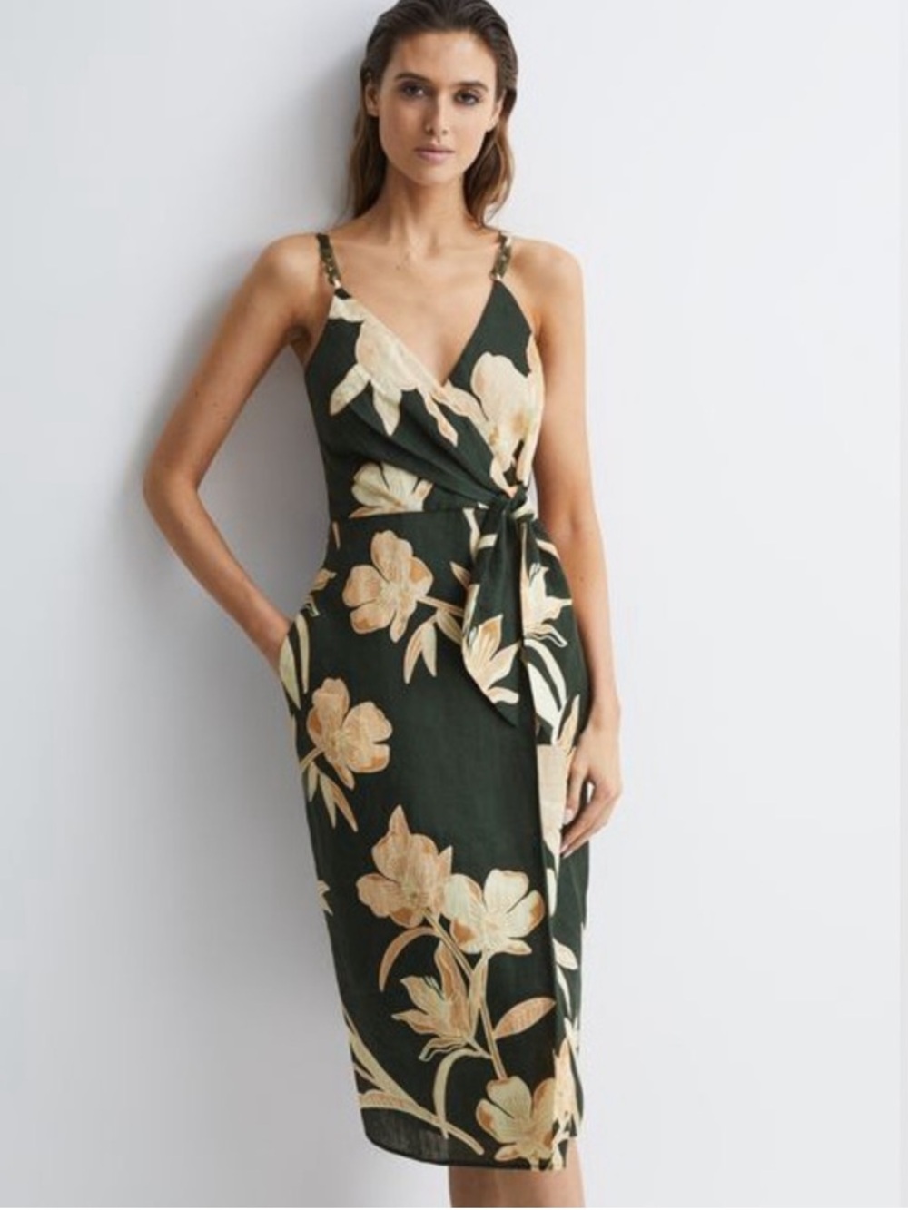 Reiss Alice Floral Linen Fitted Dress Size 2